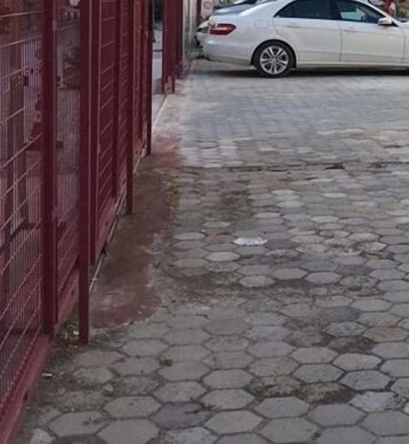 A paved area with a white car parked nearby.