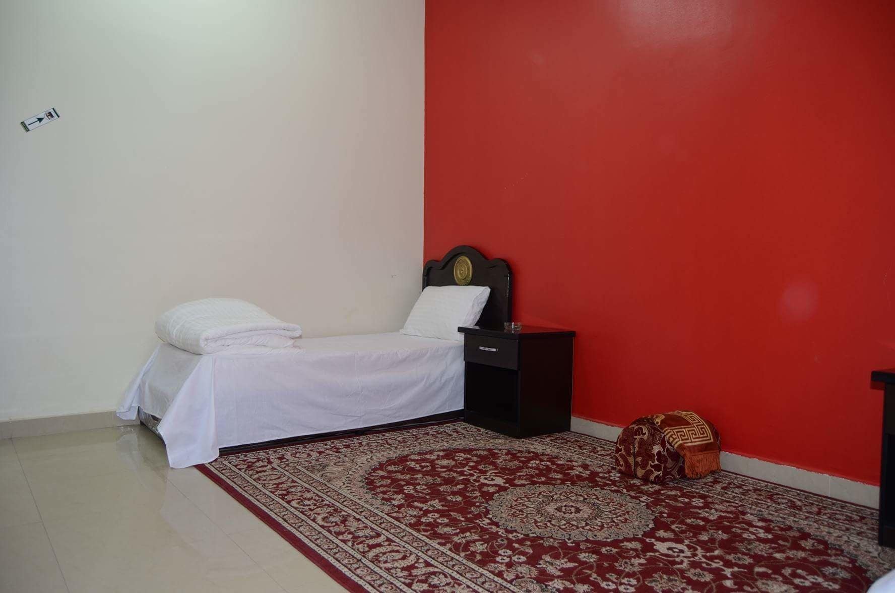 A single bed with white bedding, a nightstand, a red wall, and a patterned rug.