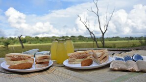 Un montaje para picnic con sándwiches, bebidas y cubiertos sobre una mesa, con vistas a un campo cubierto de hierba y árboles.