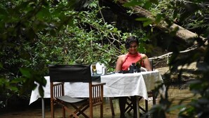 Una mesa de comedor al aire libre con mantel blanco, rodeada de abundante follaje.