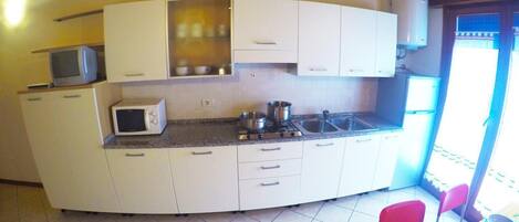 Großer Kühlschrank, Mikrowelle, Herdplatte