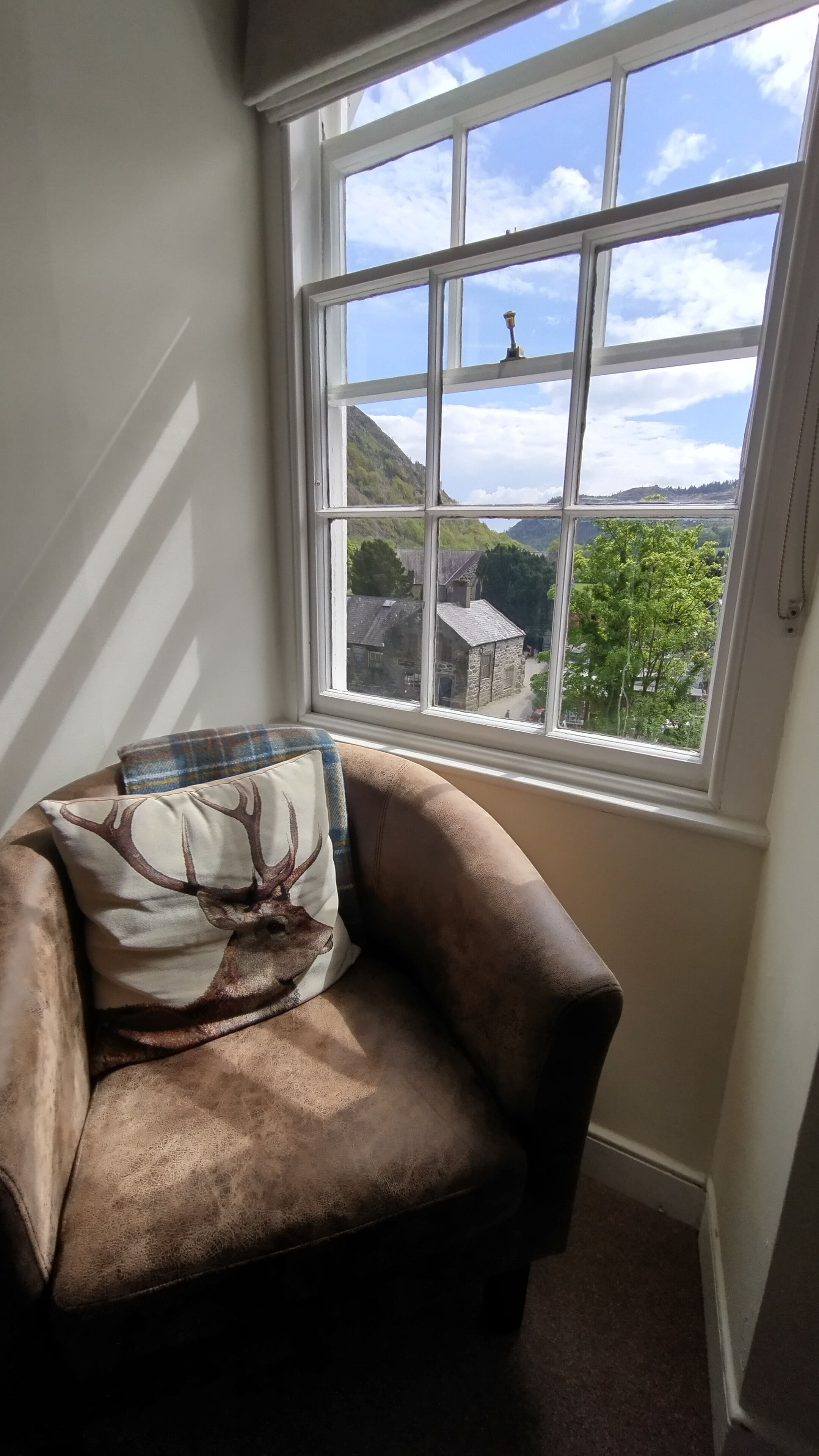 A corner room with a window overlooking a landscape, a brown leather armchair, and a plaid pillow.
