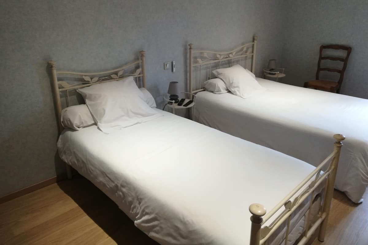 Two single beds with wooden frames, white bedding, and bedside tables with lamps.