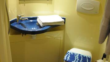 Een kleine badkamer met een blauwe wastafel, een toilet met een blauw-witte zitting en een handdoekrek met twee handdoeken.
