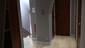 A hallway with wooden flooring, a grey wall, and a wooden door at the end.