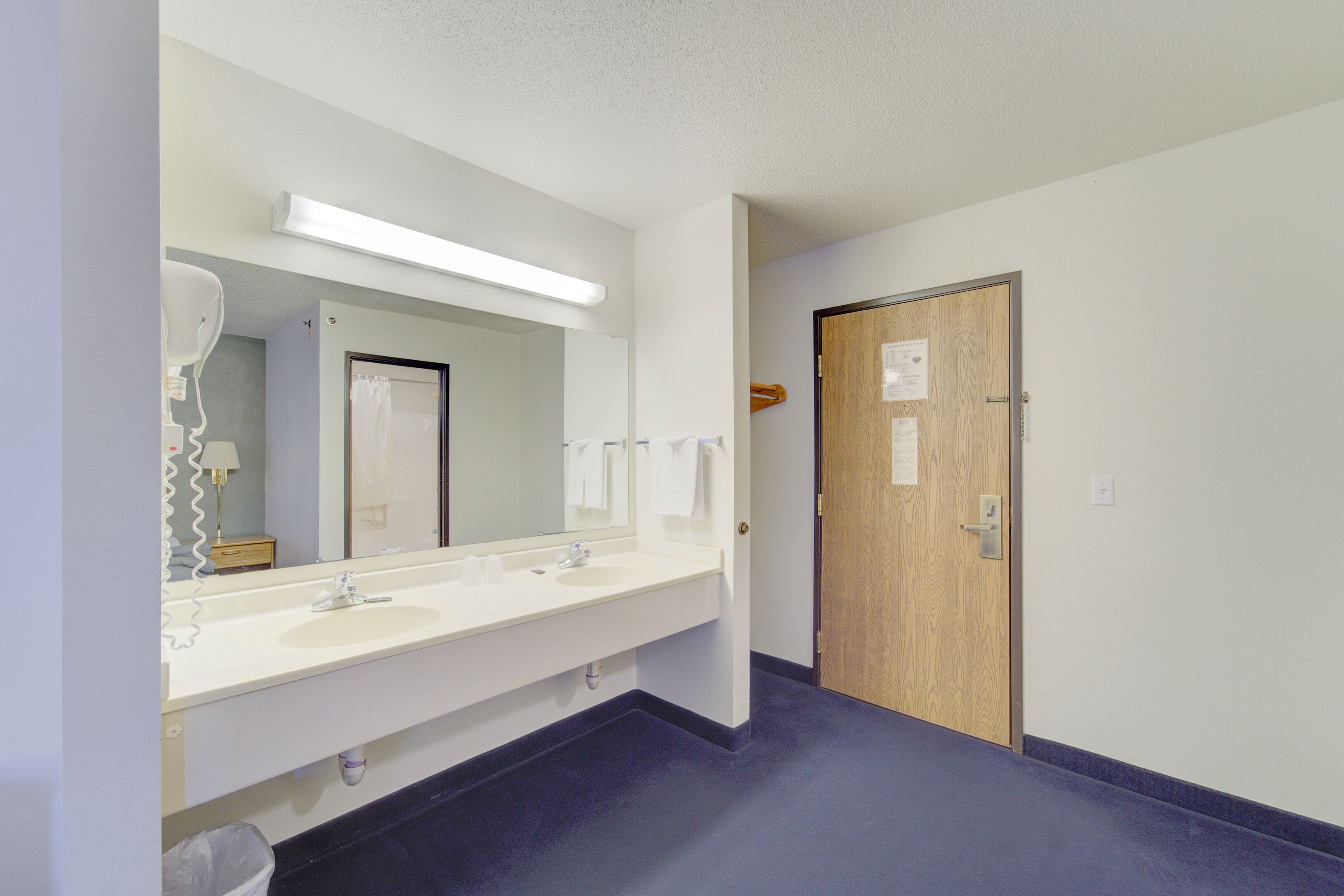 A bathroom with two sinks, a large mirror, and a door with a wooden panel.