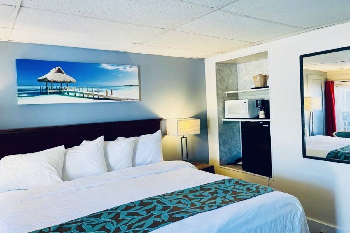 A hotel room with a bed, a nightstand, a lamp, a shelf with a microwave, and a picture of a beach scene.