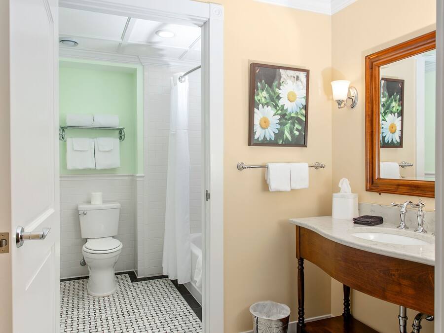 Een badkamer met toilet, douche, wastafel en spiegel.