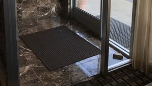 A hotel entrance with a marble wall, a framed portrait, and a doormat.