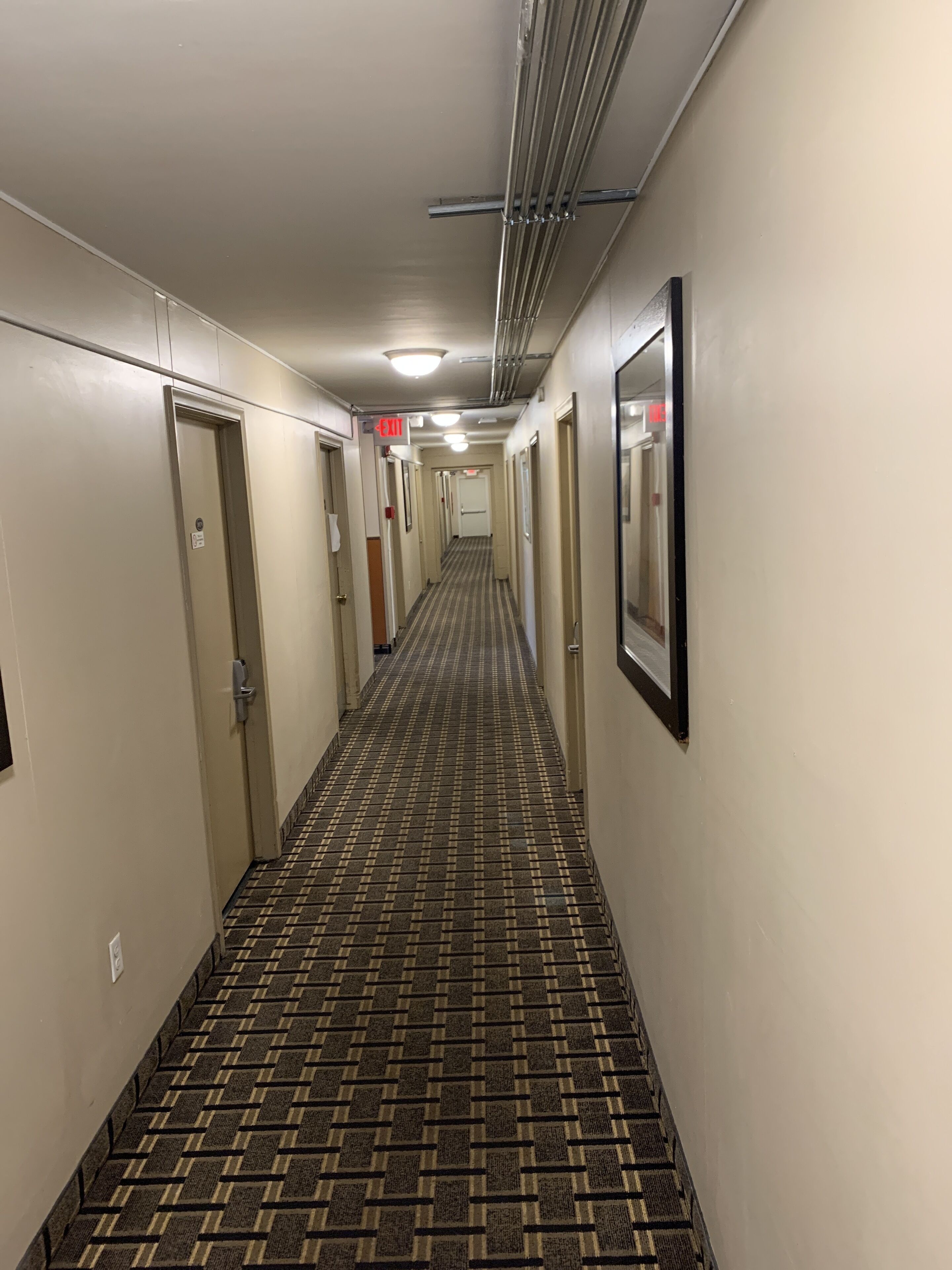A hotel hallway with patterned carpet, doors on both sides, and an exit sign.