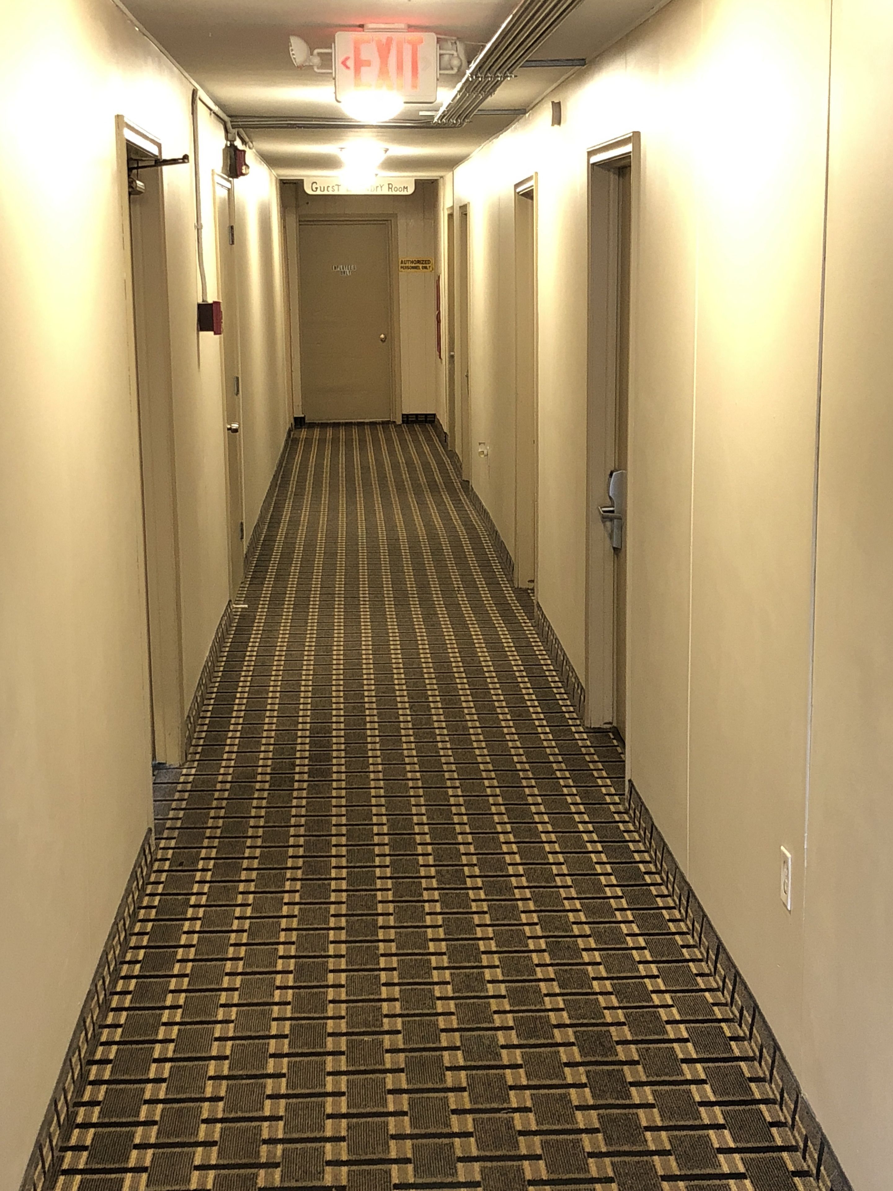 Un corridoio d'hotel con tappeto a motivi e porte su entrambi i lati, con un segnale di USCITA sopra le porte.