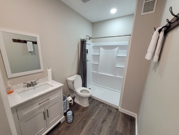 A bathroom with a toilet, sink, mirror, and shower. - Barefoot Hills (Dahlonega)