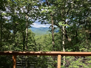 A forested area with a wooden railing in the foreground, leading to a view of distant mountains.
