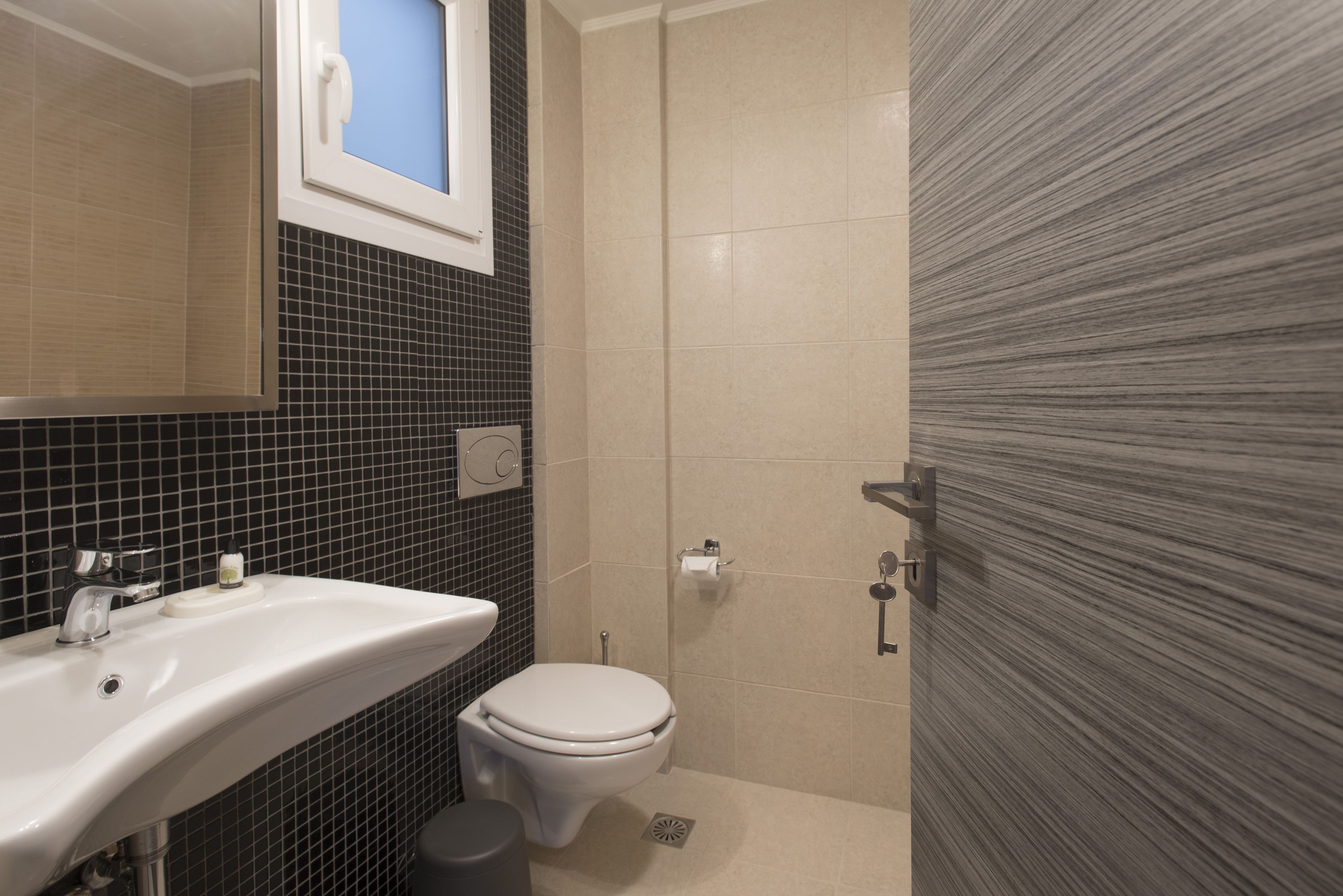 A bathroom with a white sink, a toilet, and a shower area.