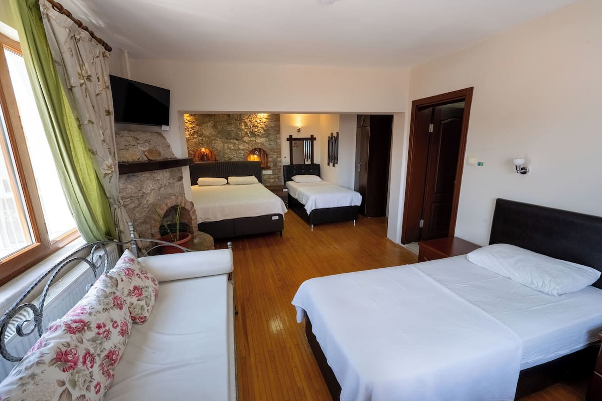 Habitación de hotel con dos camas, una pared de piedra, una chimenea y un televisor.