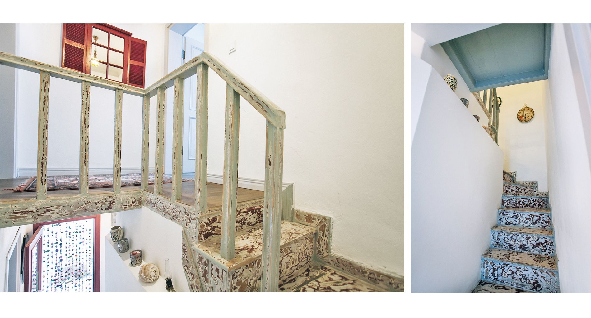 Un escalier avec une rampe en bois rustique et un sol à motifs.