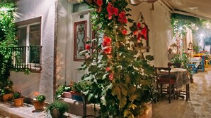 Un espace extérieur accueillant, aménagé avec une table et des chaises, et agrémenté de plantes et de fleurs en pot.