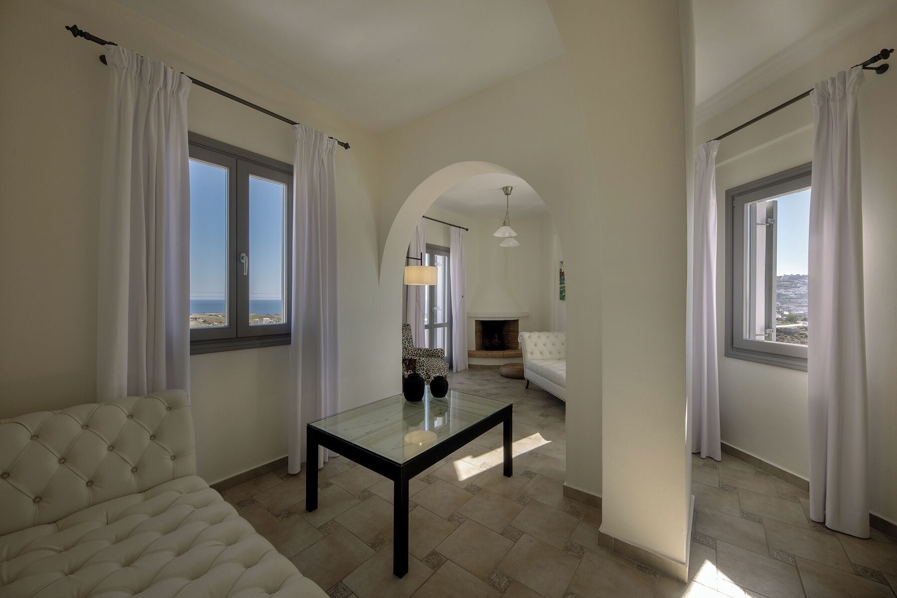 Deluxe Villa, Private Pool, Sea View (Caldera) | Living room | 32-inch flat-screen TV with satellite channels, TV, fireplace