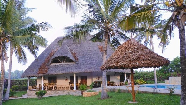 Une maison au toit de chaume, dotée d’une piscine, entourée de palmiers et d’une pelouse bien entretenue.