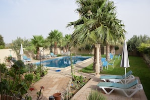 Un área de piscina con sillones de descanso y sombrillas, rodeada de palmeras y follaje.