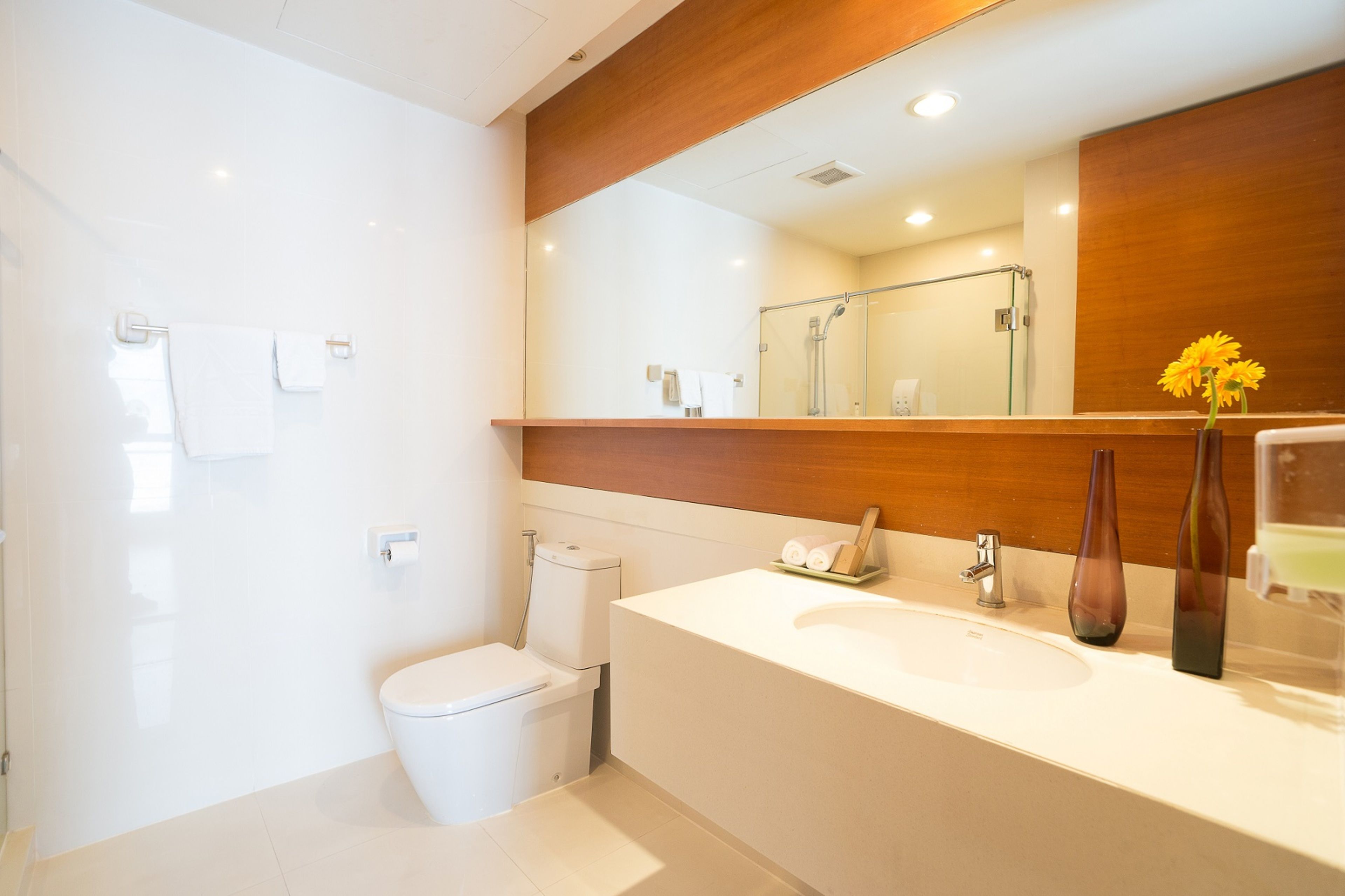 Une salle de bain moderne avec des toilettes blanches, un lavabo surmonté d’un miroir et un espace douche visible dans le reflet.