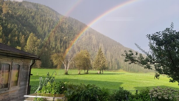 Una baita di legno con vista su un prato verde e una montagna boscosa sullo sfondo.