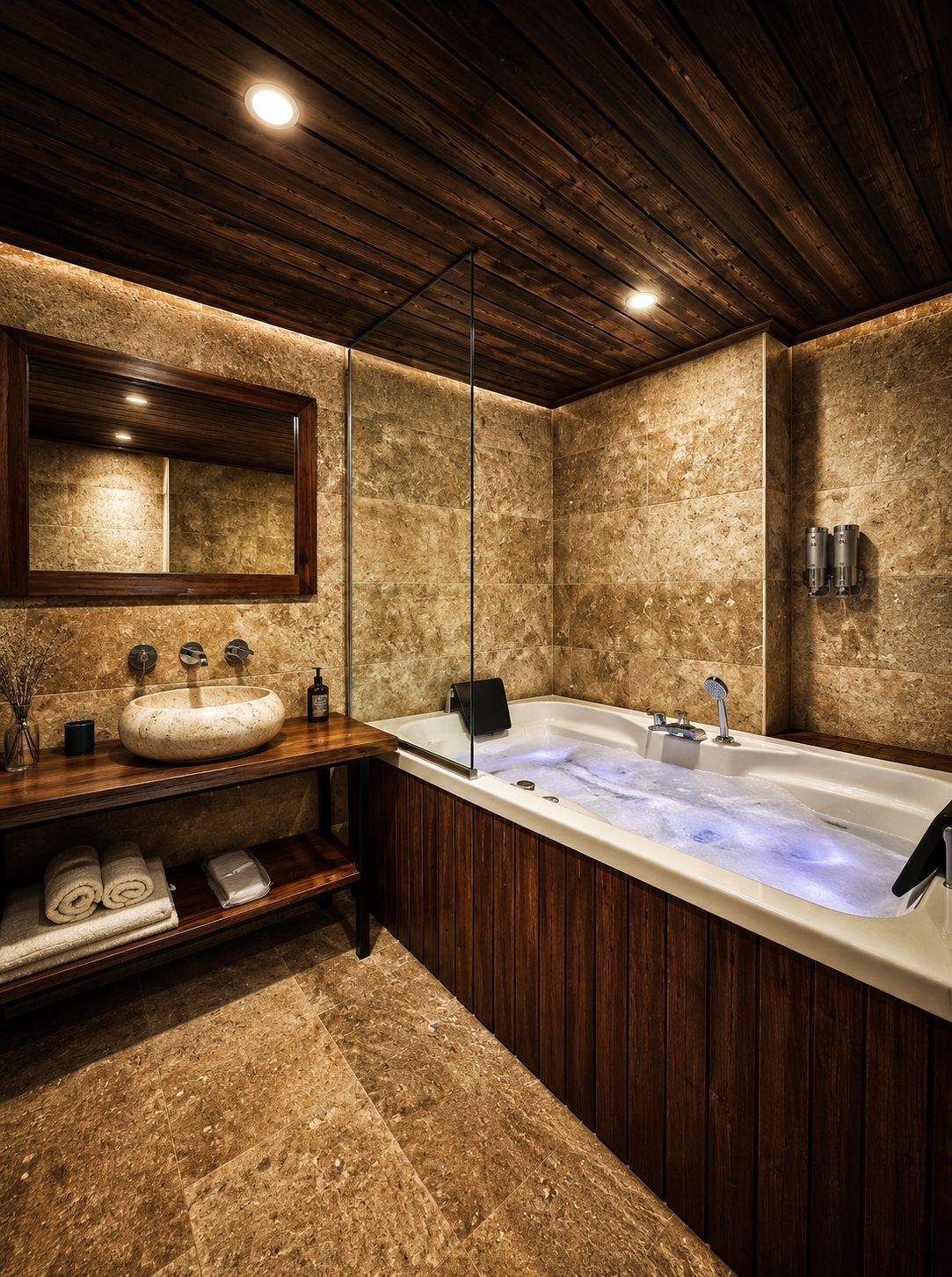 A bathroom with a freestanding bathtub, a large mirror, and a wooden vanity with a sink and towel storage.