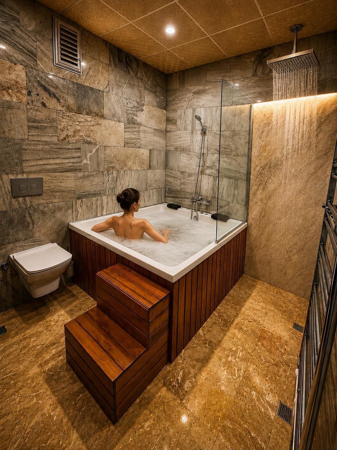 Un baño moderno con una bañera independiente, un cabezal de ducha y un inodoro.