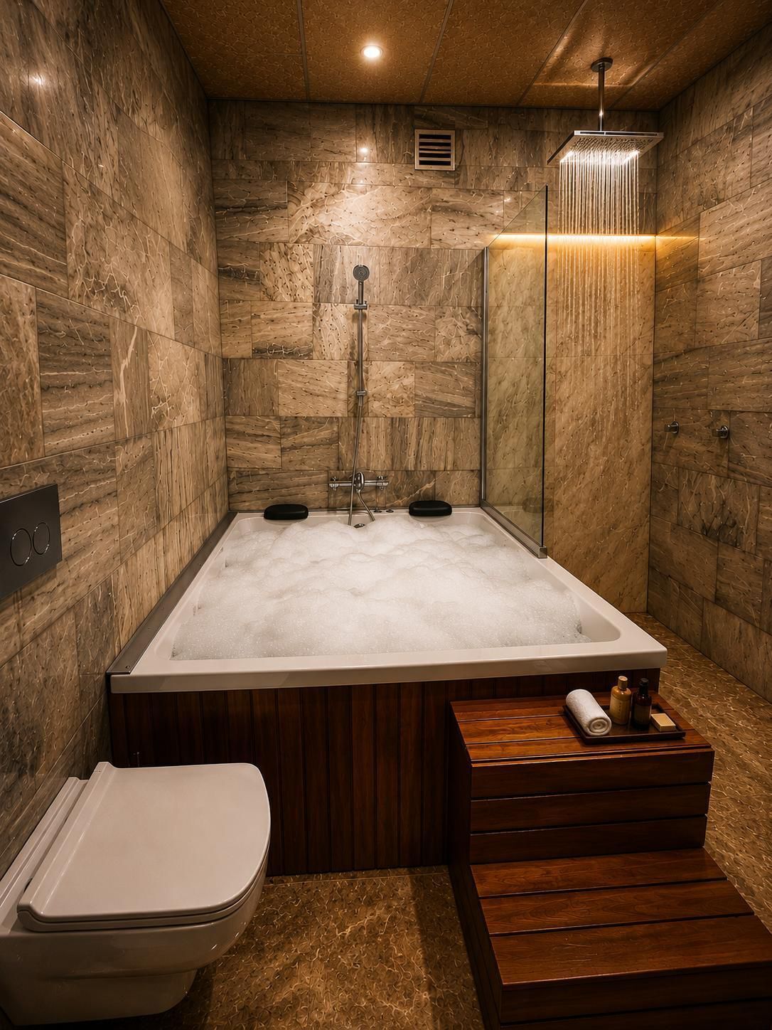 A modern bathroom with a freestanding bathtub, a showerhead, and a toilet.
