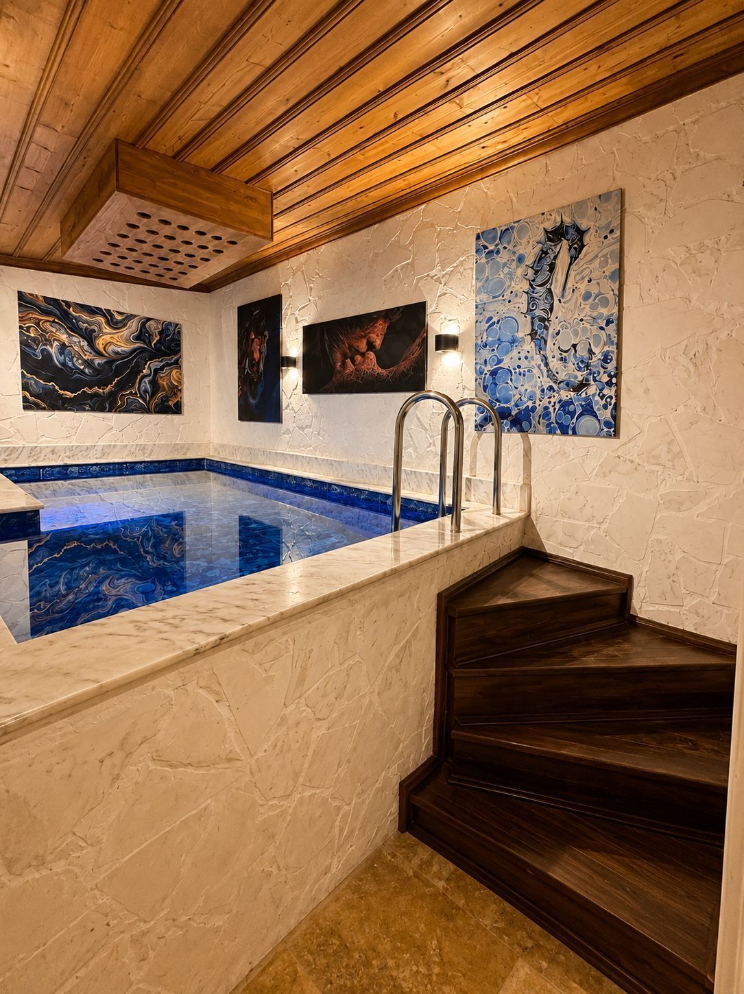 A swimming pool with a marble edge, wooden ceiling beams, and artwork on the walls.