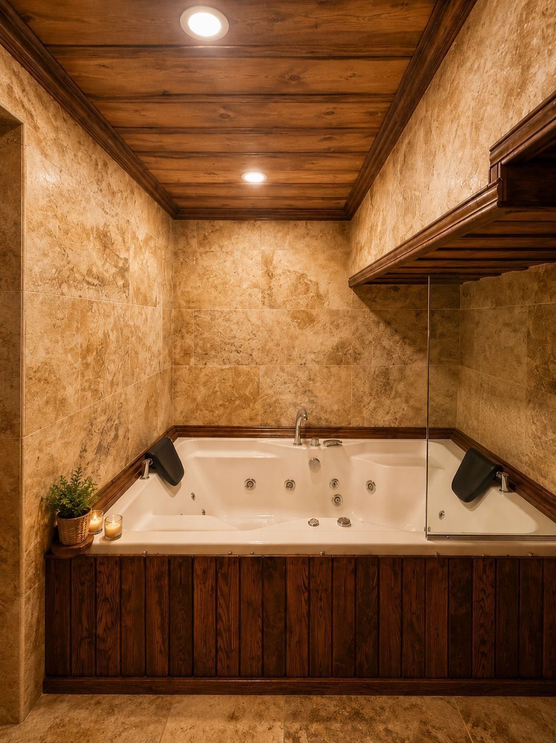 A bathroom with a freestanding bathtub, wooden paneling, and a tiled wall.