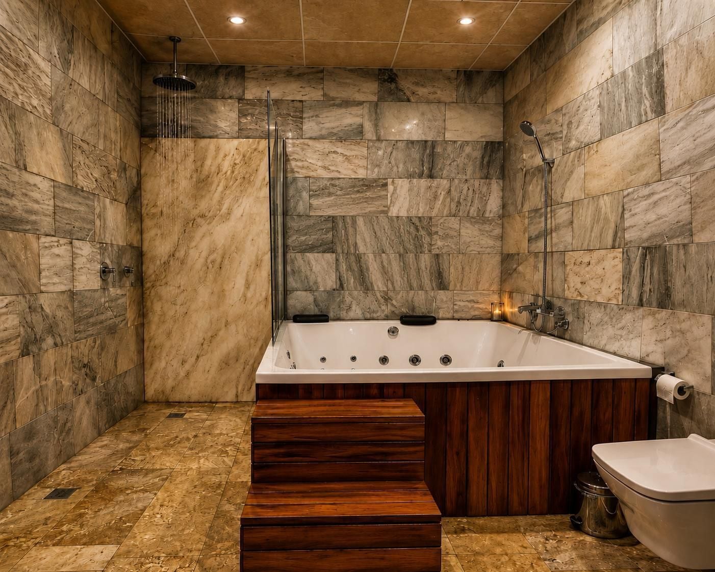 A bathroom with a marble wall, a wooden bench, a bathtub, and a toilet.