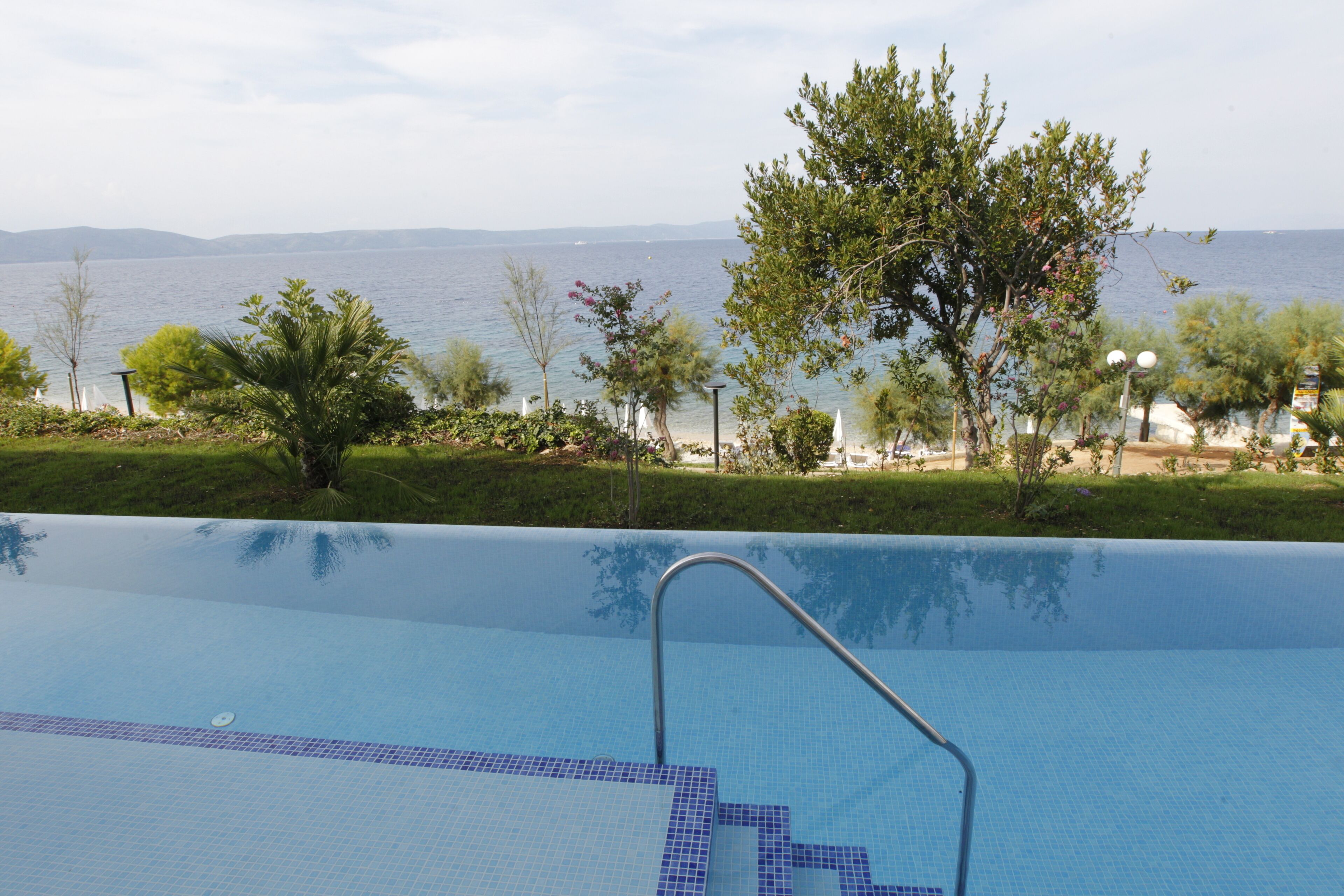 A swimming pool with a metal ladder, surrounded by greenery and a view of the sea.