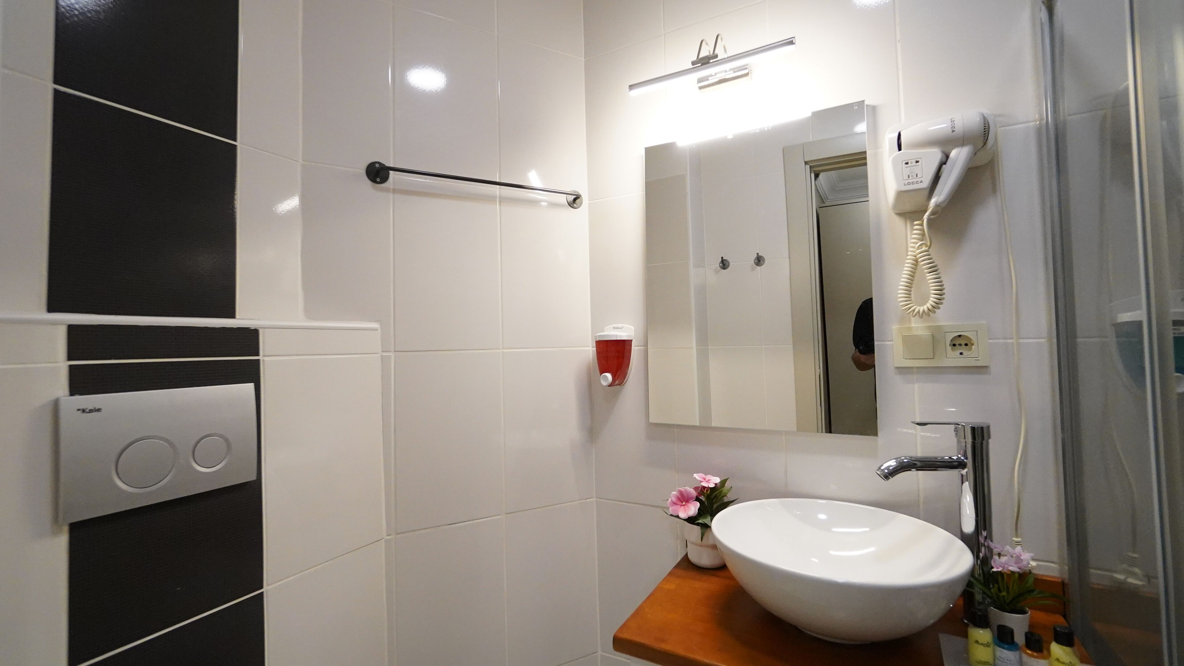 double standard room | bathroom | shower, free toiletries, hair dryer, slippers