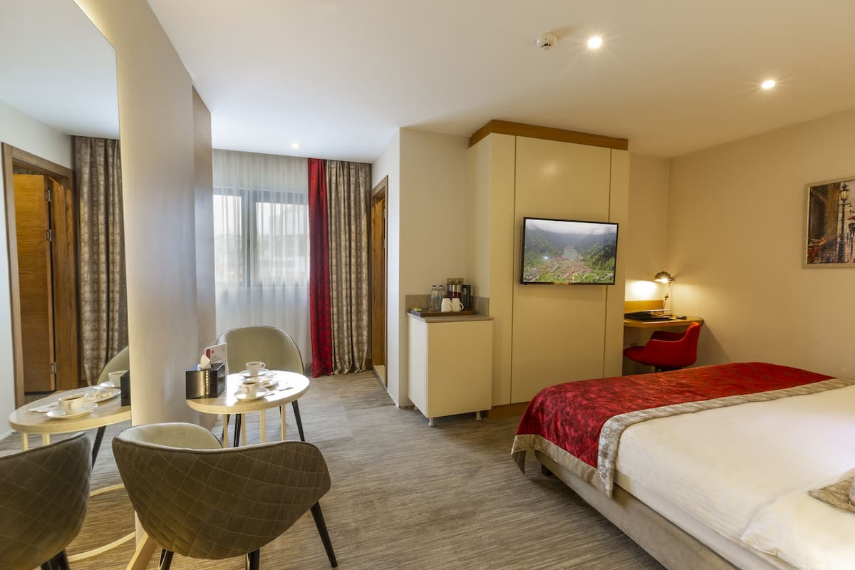 Een hotelkamer met een bed, een bureau, een stoel, een klein tafeltje met een kop en schotel, en een televisie aan de muur.