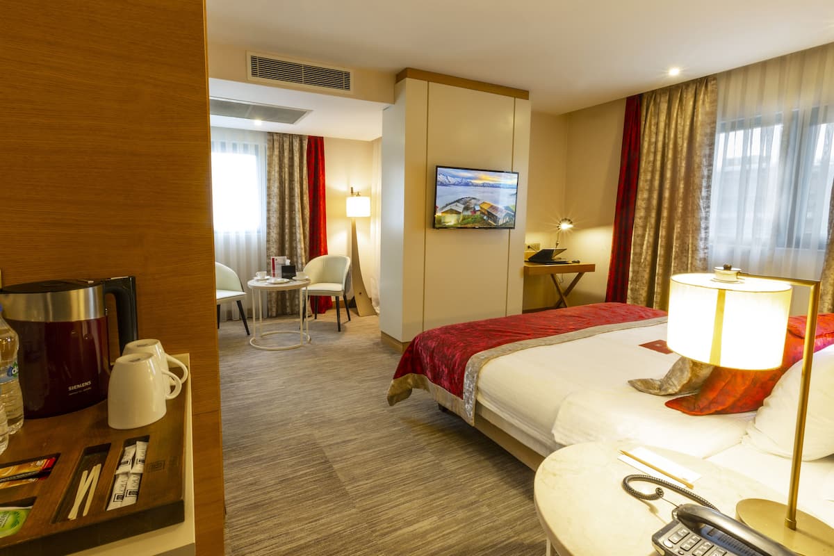 Hotelkamer met een bed, nachtkastje, lamp, televisie en bureau met stoel.