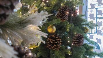 A decorated Christmas tree with lights and ornaments.