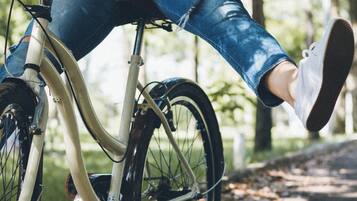 Une personne à vélo sur un sentier recouvert de feuilles.