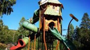 Children can play on the playground's green and red slides, surrounded by trees.