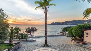 A paved courtyard with a palm tree, benches, and a stone pathway leading to a body of water. - Radisson Resort Ruza Vjetrova (Bar)