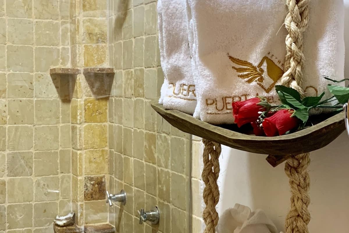 suite 1 king bed with sofa bed | bathroom | shower, free toiletries, hair dryer, towels