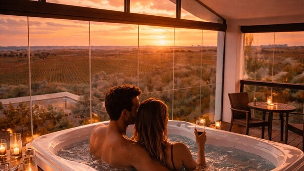 Een koppel in een jacuzzi met uitzicht op een zonsondergang, houten vloeren en kaarsen.
