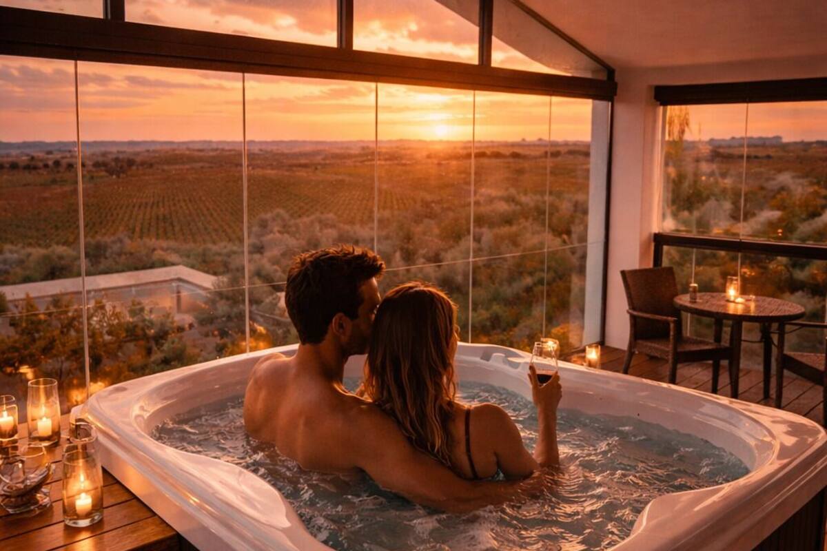Una pareja en un jacuzzi con vista al atardecer, suelo de madera y velas.