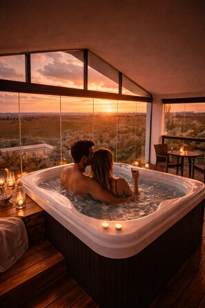 Ein Paar in einer Badewanne mit Sonnenuntergangblick, Holzboden und Kerzen.