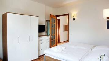 Un dormitorio con cama, armario, televisor y espejo.