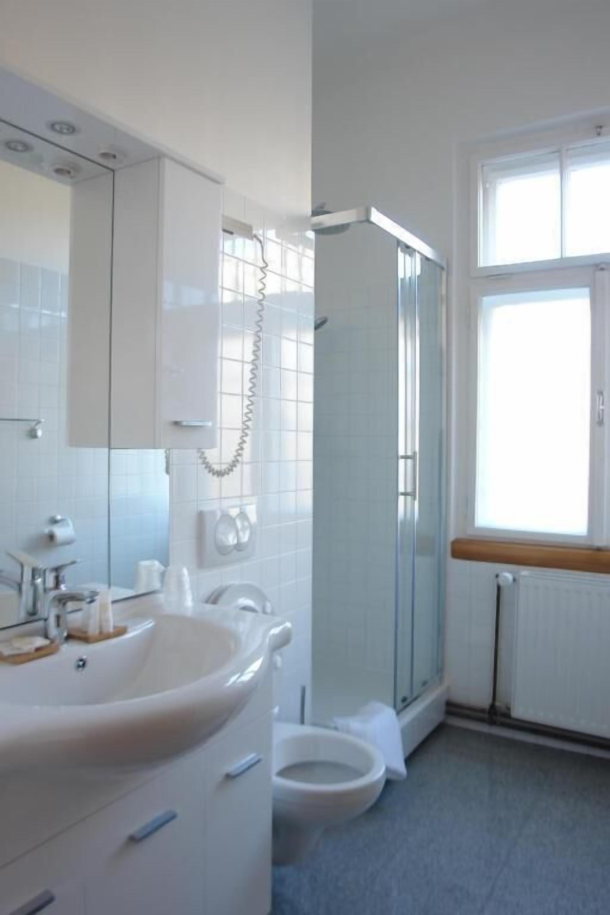 shower, free toiletries, hair dryer, towels