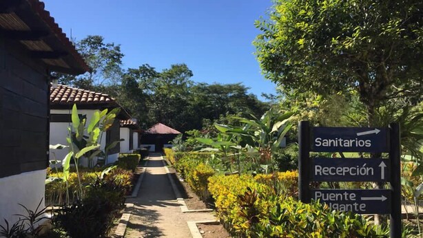 A pathway leading to a building with a sign indicating directions to 'Sanitarios,' 'Recepción,' and 'Puente.' - Ecolodge Las Nubes Chiapas (Maravilla Tenejapa)