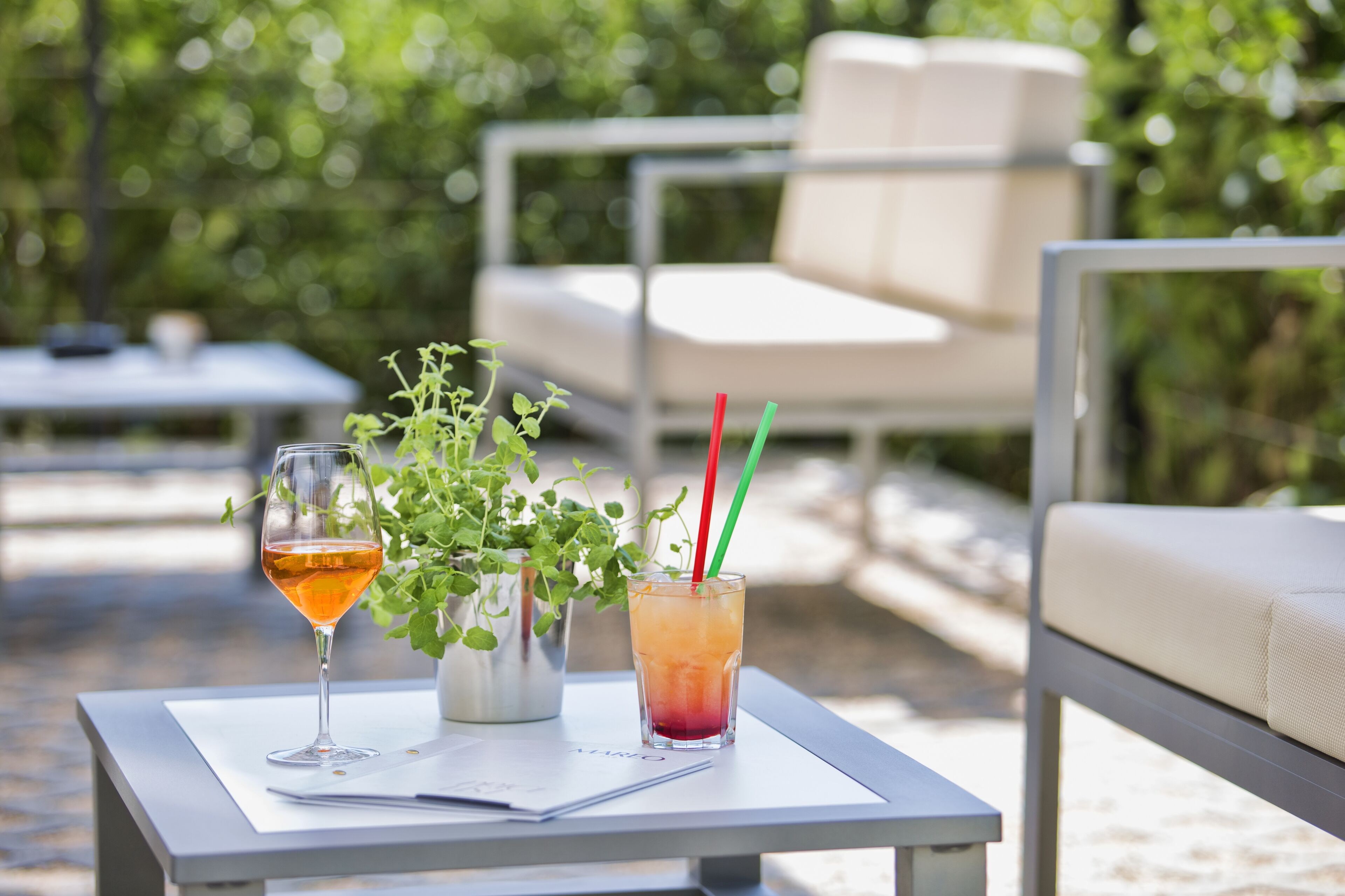 Une table avec un verre de vin, une boisson avec une paille rouge et une plante en pot.