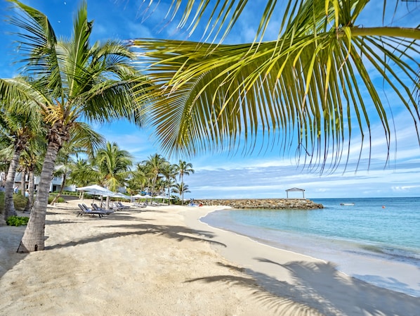 Plage privée, sable blanc, chaises longues, parasols