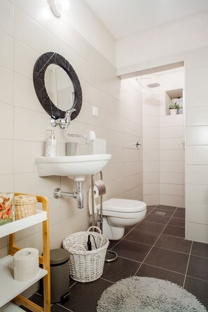 Een douche, gratis toiletartikelen, een haardroger, handdoeken